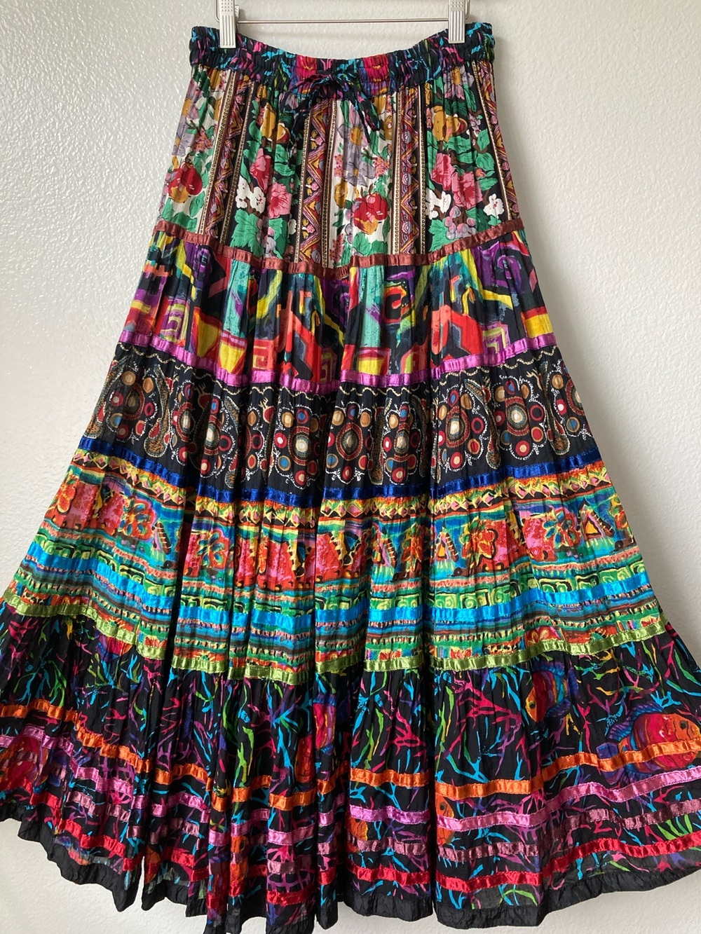 Vintage 90s Y2K Maxi Skirt Fish Floral Fruit Abstract Satin Ribbon trim sz M - Picture 2 of 10